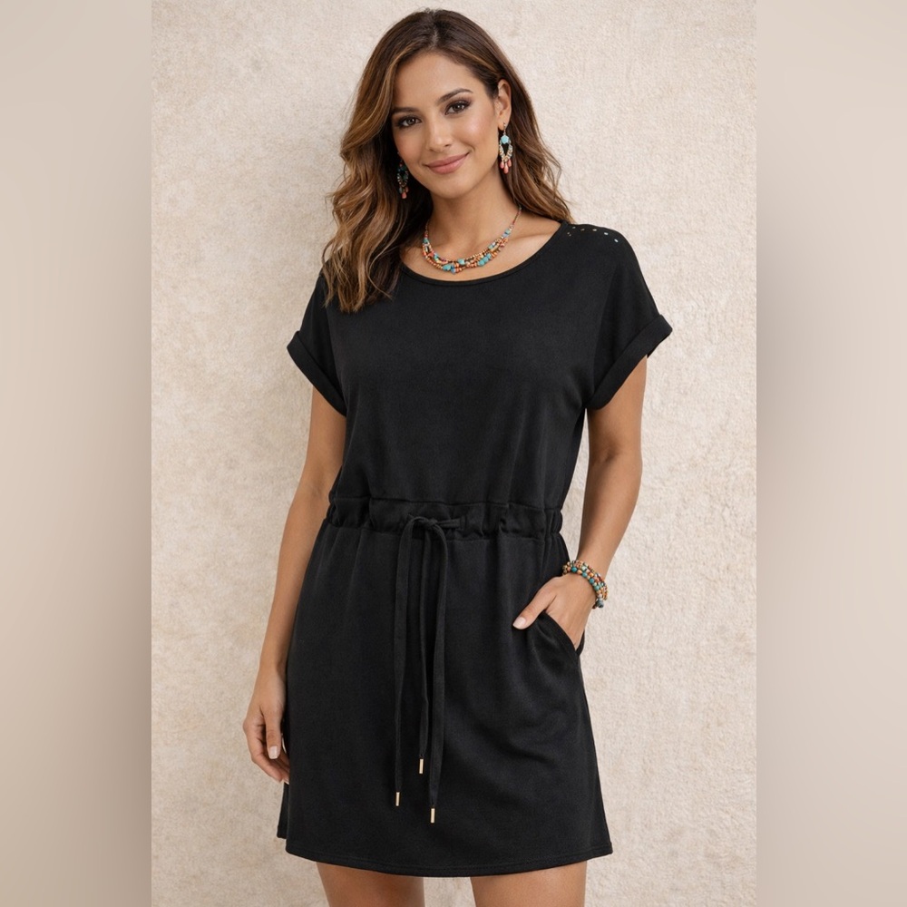 Gilli Women Black Short Sleeve Boat Neck Tie Waist Mini Dress Sz. Med